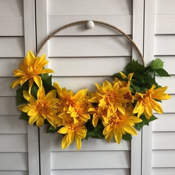 Yellow Dahlia Flower Leaf Floral Decor Hawaiian Sunshine Twine Tweed Hoop Wreath - Picture 2 of 4